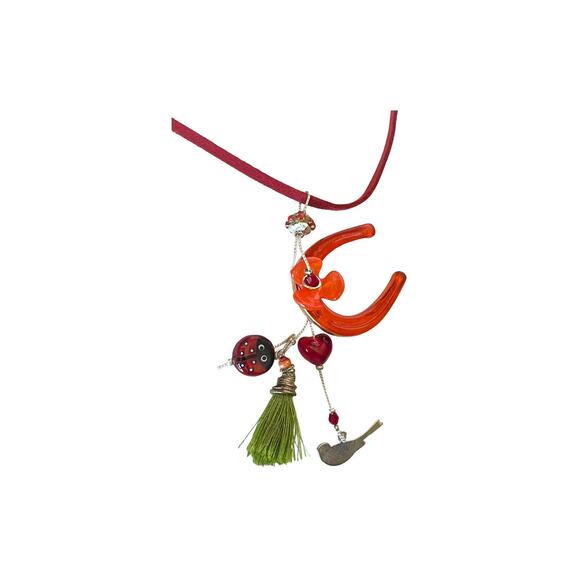 LALO Orna CHARM NECKLACE Resin Horseshoe Ladybug Silver Bird Red Leather 19-25" - Picture 1 of 6